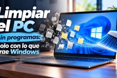Escoba barriendo archivos, carpetas y la papelera fuera de la pantalla de un portátil con Windows 11
