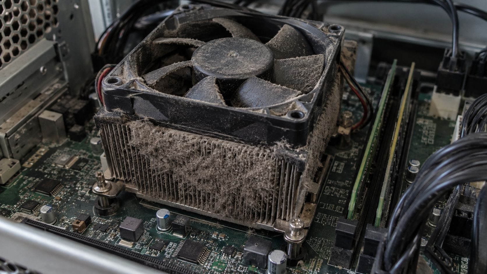 Un dedo sujeta las aspas del ventilador mientras se sopla con aire comprimido