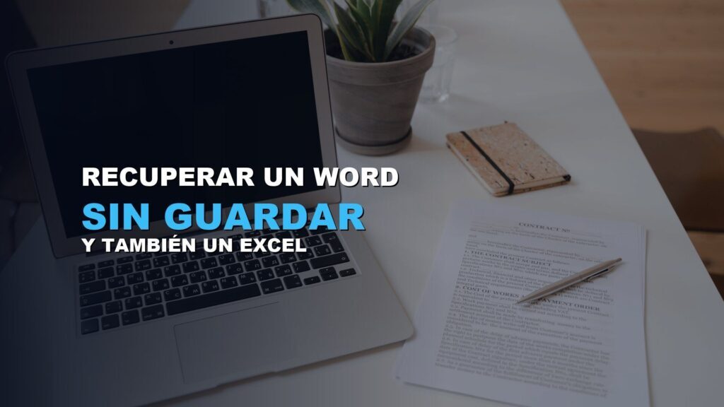 Escritorio de oficina con un ordenador portátil, una planta y documentos impresos